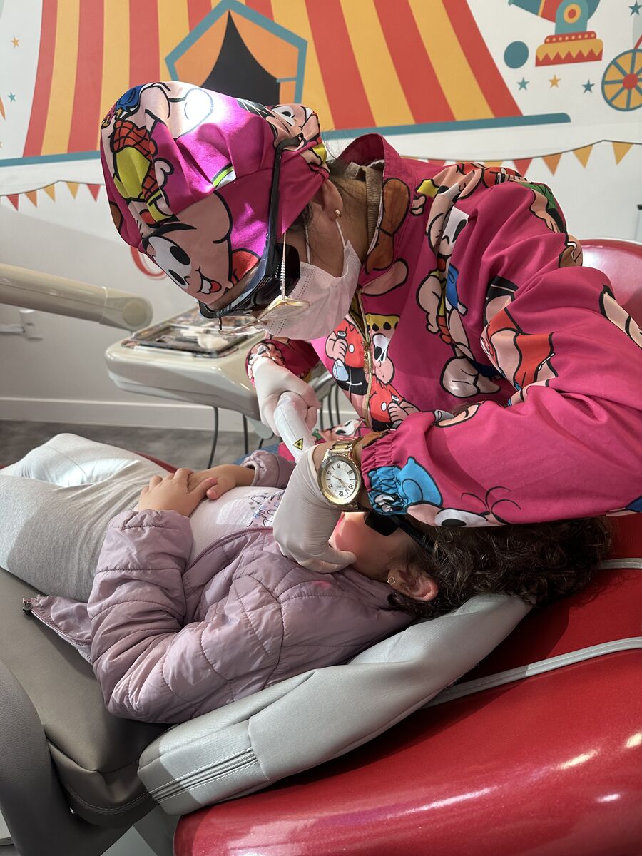 Dra. Ana Paula com pelúcias educativas em formato de dente